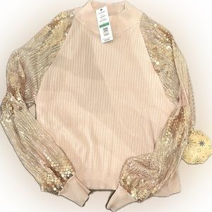 🎁 Joseph A pink “Rose Smoke” sheer, sequins, bling Sleeves rayon Sweater L NWT